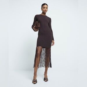 Brown Metallic Fringe Midi Dress